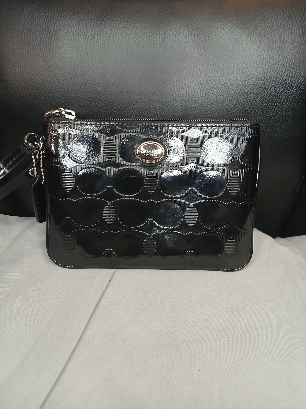 Coach Embossed C Black Patent Leather Wristlet
